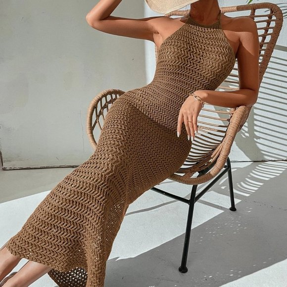 Mocha Brown Boho Womens Crochet Backless Halter Neck Bodycon Dress - Picture 1 of 5